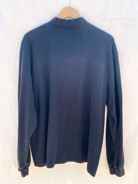 BACK VIEW OF LONG SLEEVES MOCK NECK TEE IN FADED BLACK.