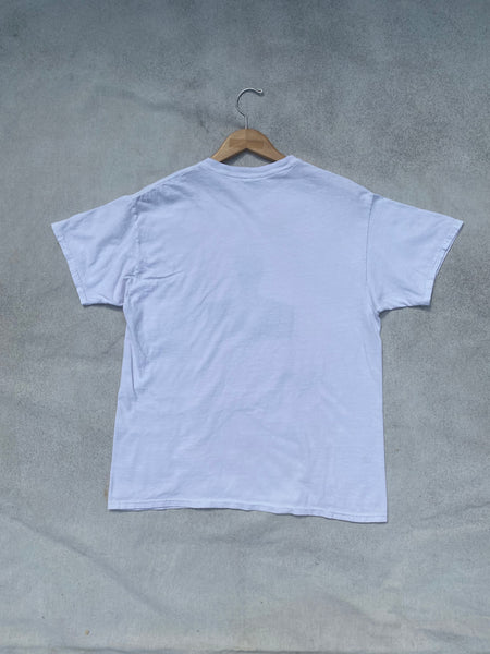back image of white tee on a wooden hanger.