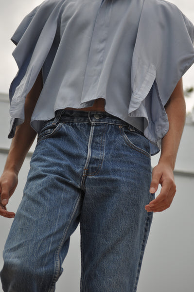 FRONT IMAGE OF RECONSTRUCTED BUTTON DOWN SHIRT.