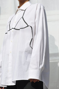WHITE LOOSE FIT SECONDHAND BUTTON DOWN SHIRT WITH HAND PAINTED BIKINI TOP CONTRAST IN BLACK.