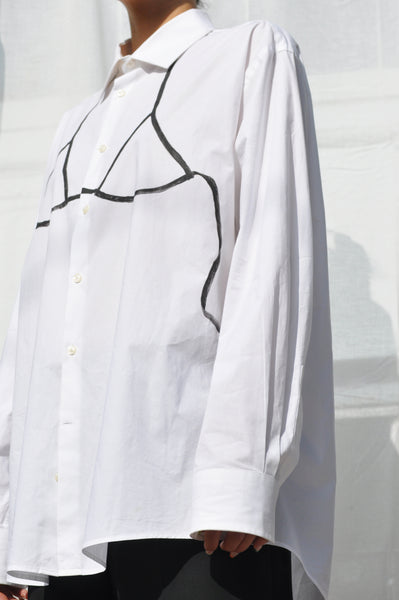 WHITE LOOSE FIT SECONDHAND BUTTON DOWN SHIRT WITH HAND PAINTED BIKINI TOP CONTRAST IN BLACK.