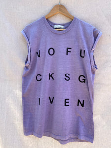 FRONT SHOT PURPLE MUSCLE TEE WITH NOFUCKSGIVEN BLACK LETTERS PRINTED ON IT.
