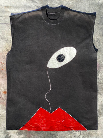 FRONT IMAGE HAND PAINTED BLACK SLEEVELESS TEE.