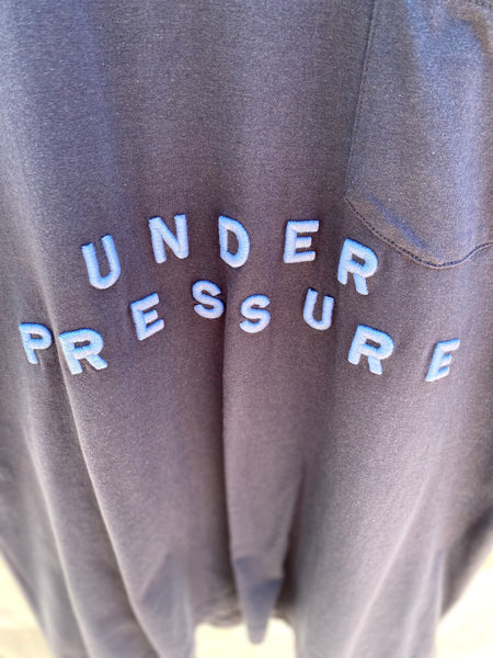 CLOSE UP OF UNDER PRESSURE EMBROIDERY IN SKYBLUE.