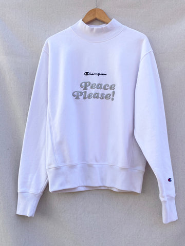 CUSTOM 3D EMBROIDERY ON SECONDHAND WHITE CREW NECK SWEATSHIRT. OUR ORIGINAL "PEACE PLEASE!" DESIGN EMBROIDERED AT CENTER FRONT CHEST.