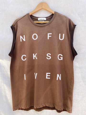 FULL FRONT VIEW OF PRINTED MUSCLE TEE. COLOR IS FADED IN CERTAIN AREA. NOFUCKSGIVEN PRINTED IN WHITE BLOCK LETTERS.