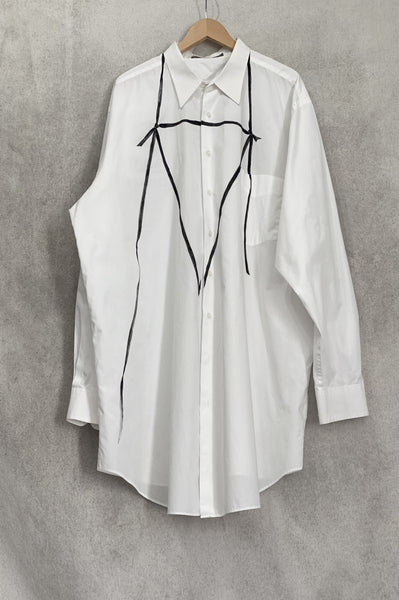 Oversized white button down shirt with hand painted details in black. Reworked secondhand button down shirt.