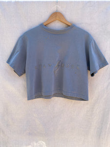 FULL FRONT VIEW OF CROPPED TEE IN SLATE GREY WITH STAR DUST EMBROIDERY ON IT.