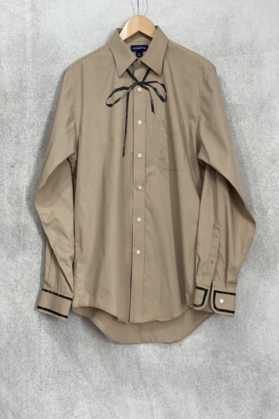 UNISEX TAN BUTTON DOWN SHIRT WITH HAND PAINTED BLACK BOW TIE AND CONTRAST BINDING AT CUFFS.