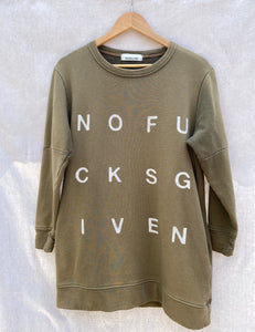 FRONT VIEW OF TUNIC LENGTH SWEATSHIRT WITH NOFUCKSGIVEN PRINT ON IT.