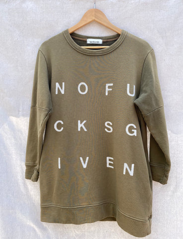 FRONT VIEW OF TUNIC LENGTH SWEATSHIRT WITH NOFUCKSGIVEN PRINT ON IT.