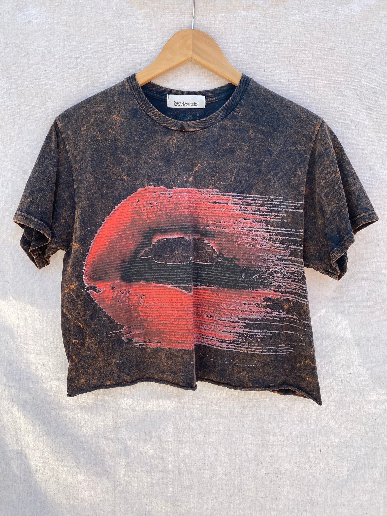 FRONT VIEW OF CROPPED TEE WITH PRINTED MOUTH WITH RED LIPS.
