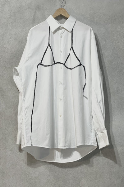 WHITE UNISEX SECONDHAND BUTTON DOWN SHIRT WITH HAND PAINTED BIKINI TOP DETAIL AT FRONT.