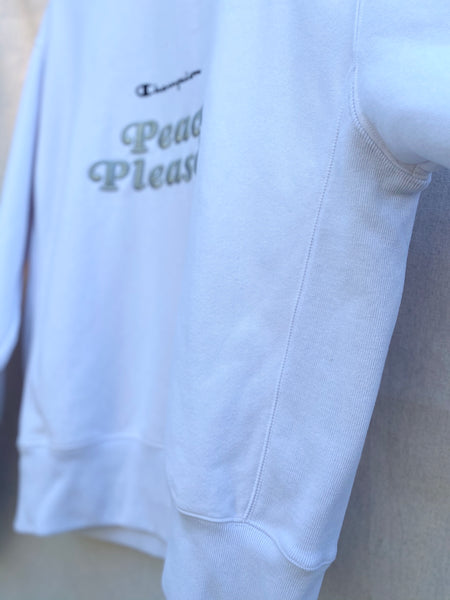 CUSTOM 3D EMBROIDERY ON SECONDHAND WHITE COTTON CREW NECK SWEATSHIRT. OUR OWN "PEACE PLEASE!" DESIGN EMBROIDERED AT CENTER FRONT CHEST.