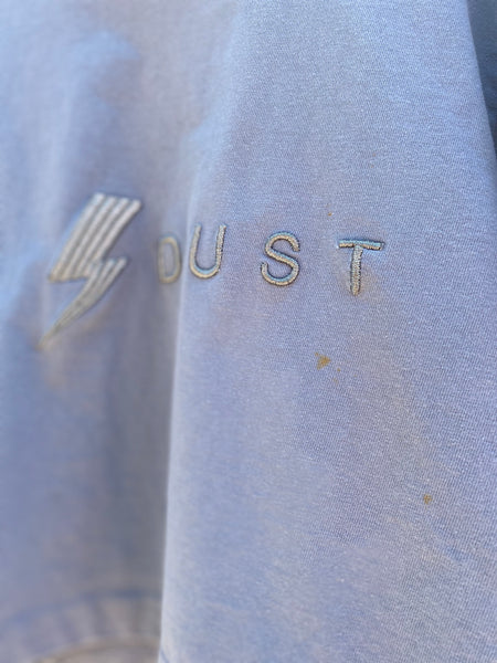 CLOSE UP VIEW OF DUST EMBROIDERY AND STAIN. 