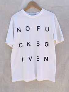 FRONT IMAGE OF WHITE  T-SHIRT WITH NOFUCKSGIVEN PRINT ON IT.